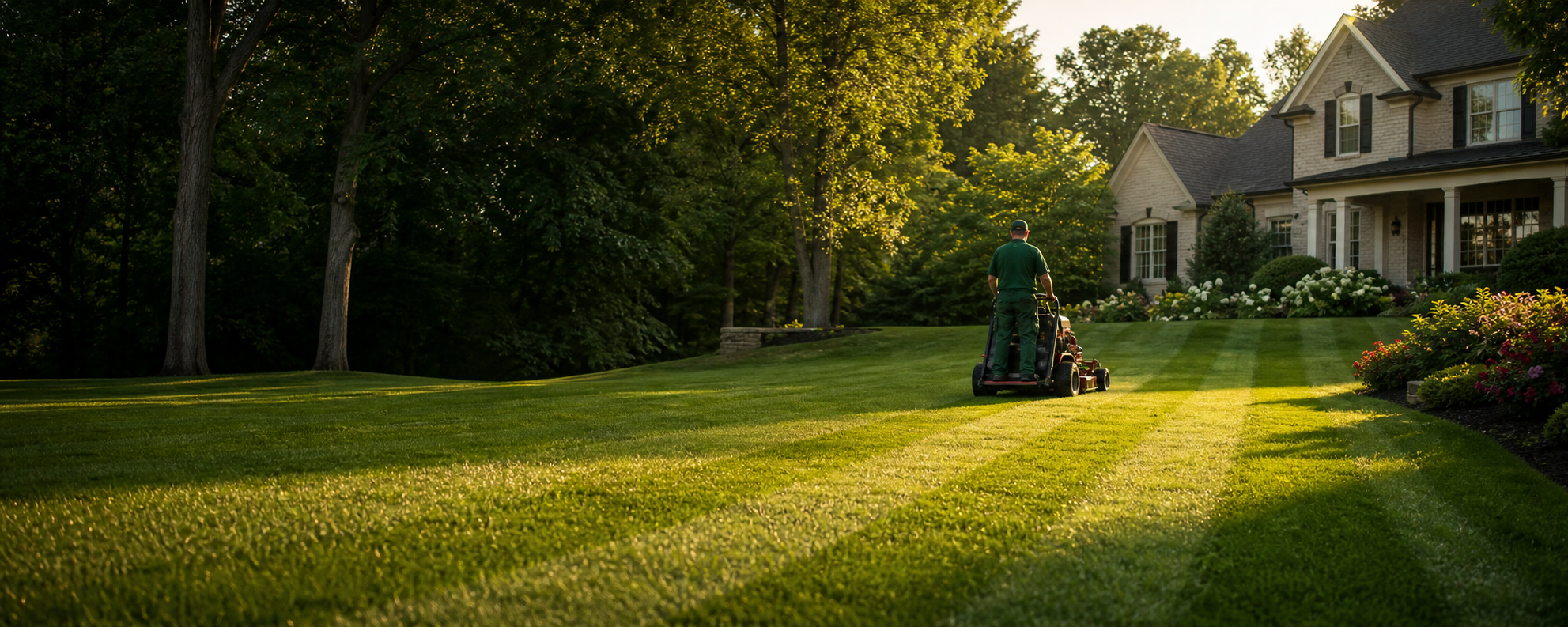 A freshly striped lawn being professionally mowed